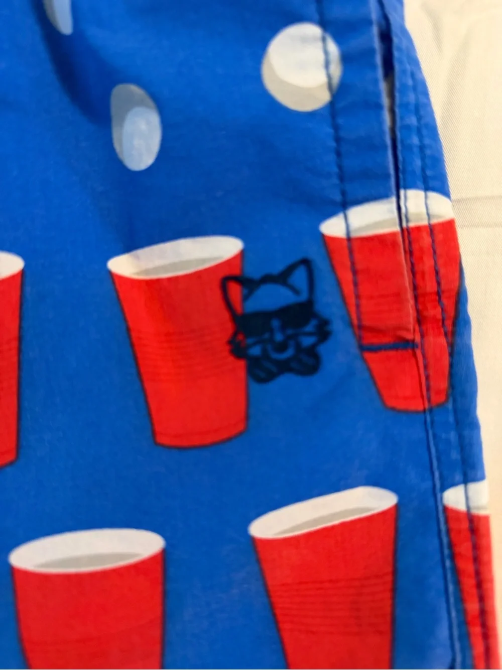 Men's Blue Party Print Swim Shorts with Red Cup Motif
